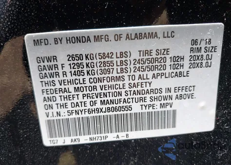 2018 Honda Pilot Touring z USA, uszkodzony, nr VIN 5FNYF6H9XJB060555